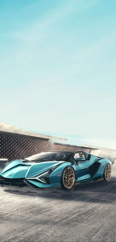 Futuristic blue supercar on a modern city road wallpaper.