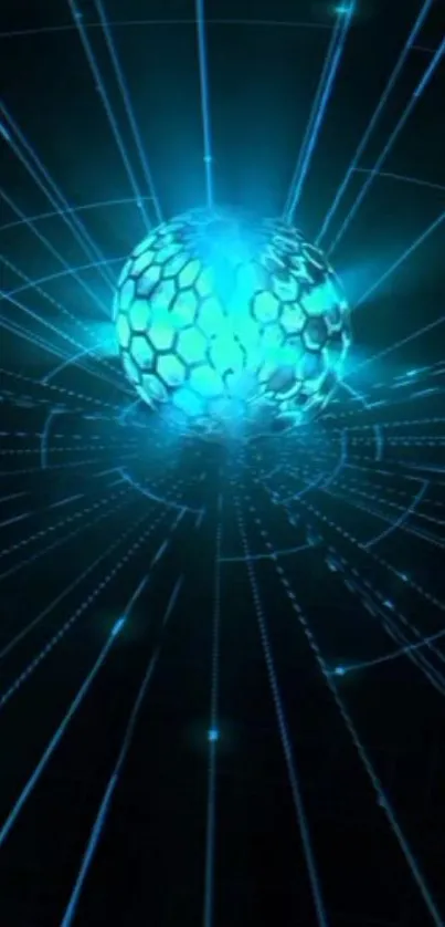 Futuristic blue sphere with glowing lines on black background.