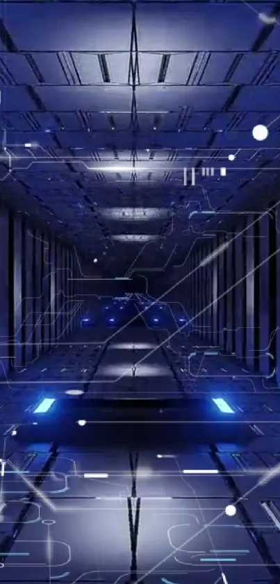 Futuristic blue tunnel with glowing digital lines.