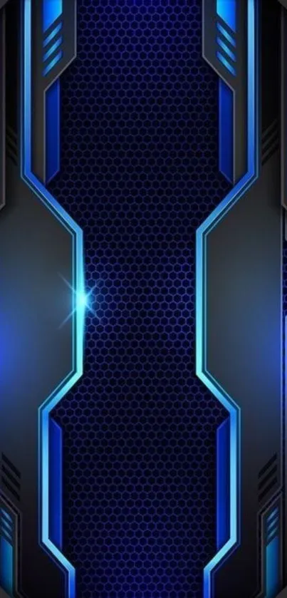 Futuristic blue tech wallpaper with geometric patterns and glowing accents.