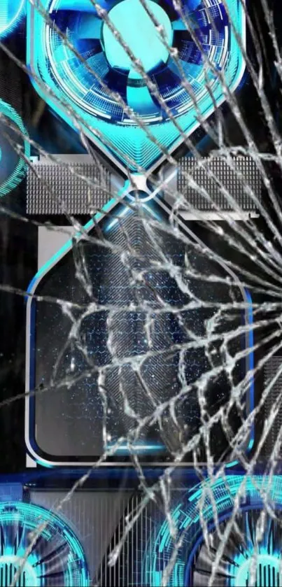 Futuristic wallpaper with blue neon lights and cracked screen effect.