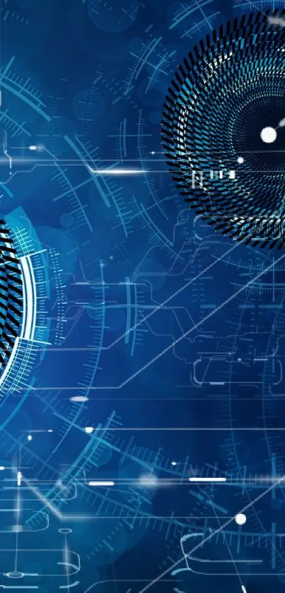 Futuristic blue tech wallpaper with abstract circular patterns.