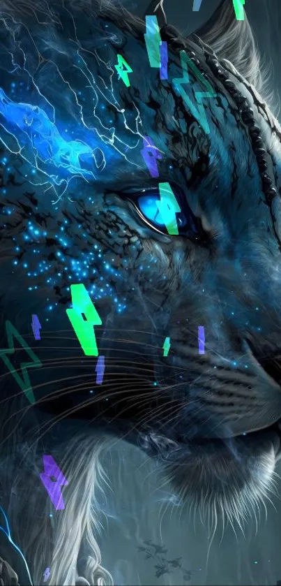 A futuristic blue tiger with glowing eyes and celestial designs on its face.