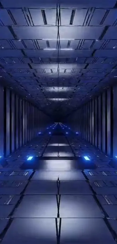 Futuristic blue tunnel with glowing lights.