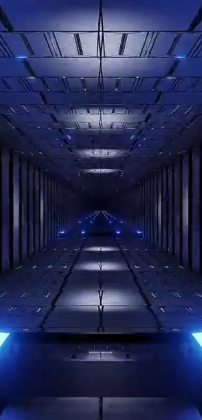 Futuristic blue tunnel with symmetrical design and vibrant lighting.