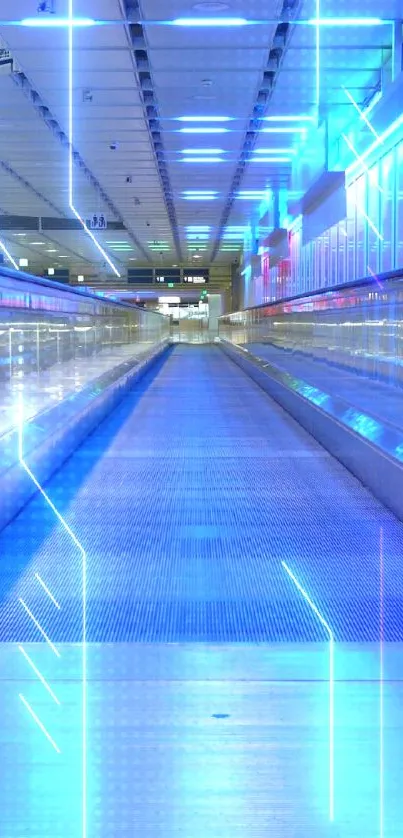 Futuristic blue lit walkway with modern design elements.