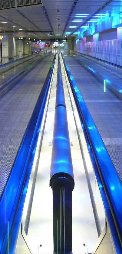 Bright futuristic blue-lit walkway interior design background.