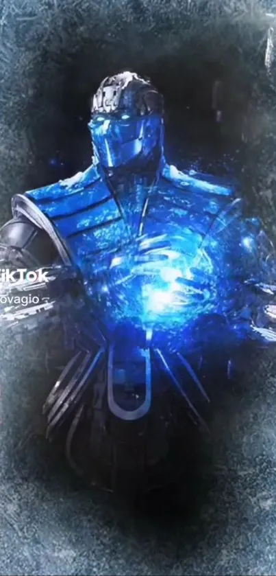 Futuristic armored warrior glowing in blue, set against a dynamic backdrop.