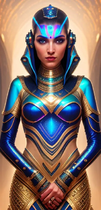 Futuristic woman in blue and gold armor with intricate digital design.