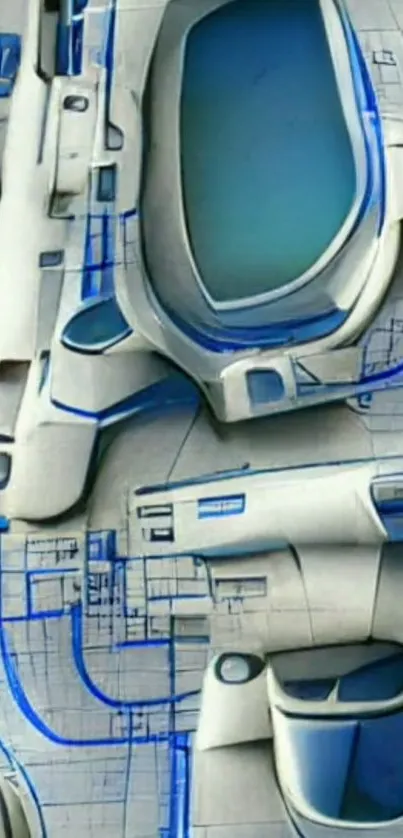 Futuristic blueprint design with blue accents.