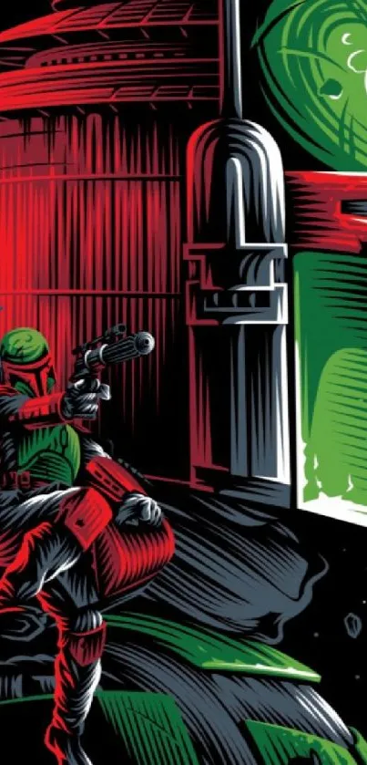 Futuristic sci-fi bounty hunter art with red and green accents on black background.