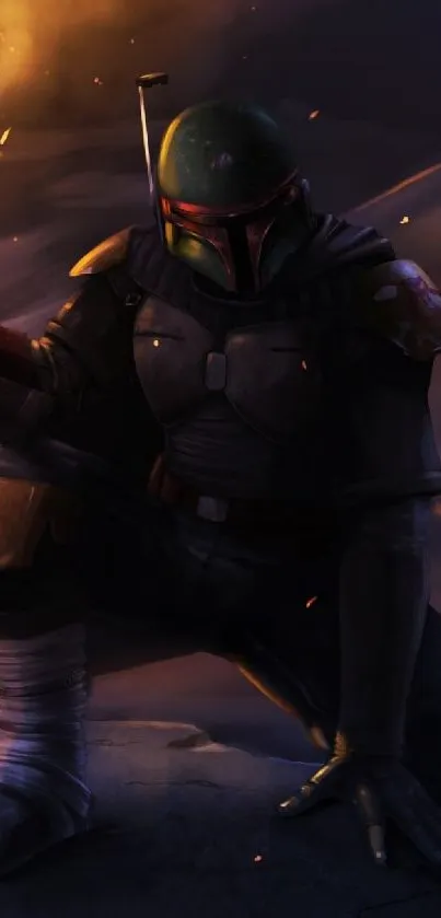 Dark futuristic bounty hunter crouching in shadows.