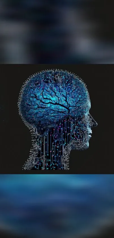 Futuristic digital brain with circuitry on a dark background.