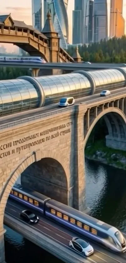 Futuristic bridge with cityscape and advanced transportation.