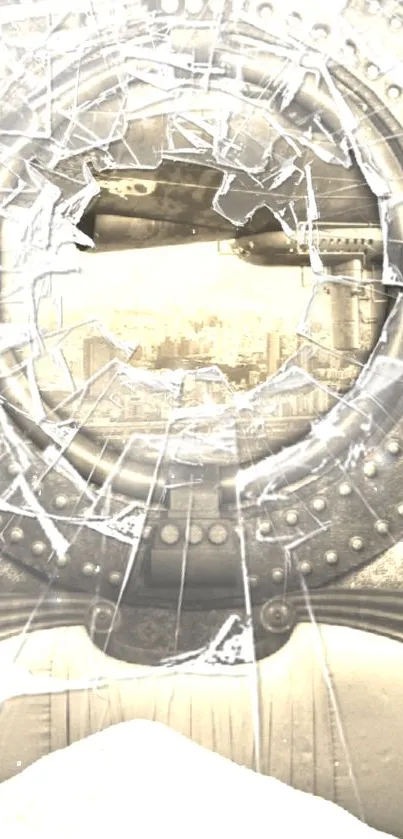 Futuristic city through broken glass portal in steampunk style.