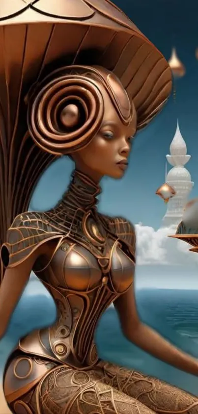 Futuristic bronze artistic figure with ocean backdrop.