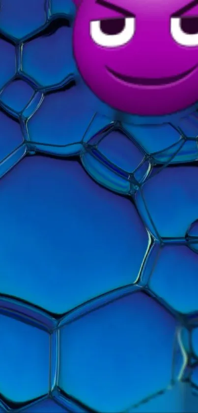 Futuristic blue bubbles with purple emoji on mobile wallpaper.