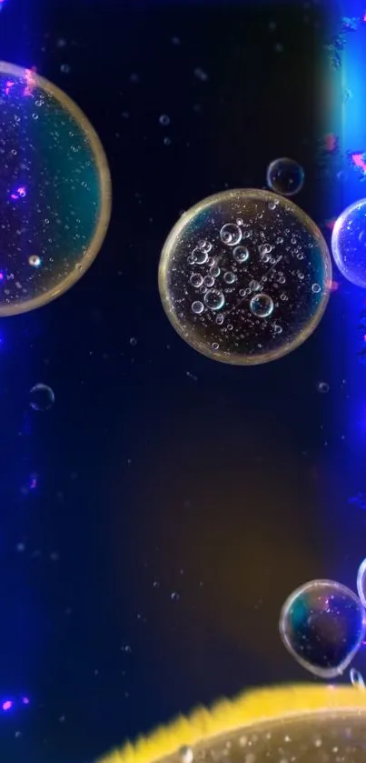 Futuristic wallpaper with neon bubbles and dark blue galaxy background.