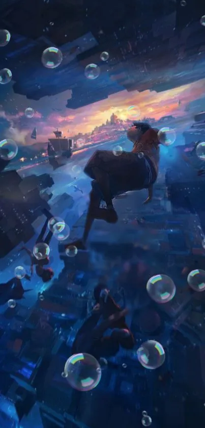 Surreal cityscape with bubbles and futuristic skyline, vibrant navy blue tones.