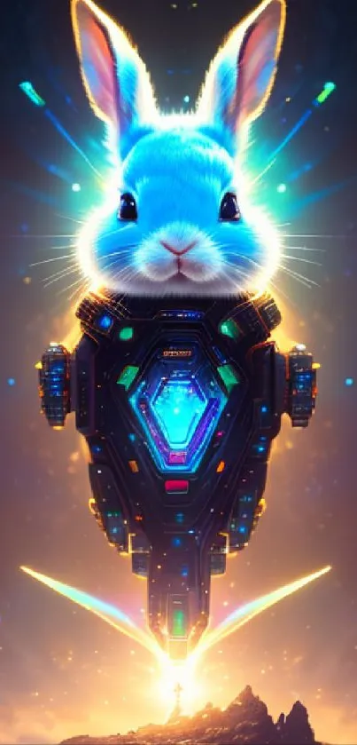 Futuristic neon bunny with glowing lights on a dynamic background.