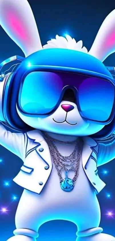 Futuristic bunny wearing headphones with a blue neon glow.