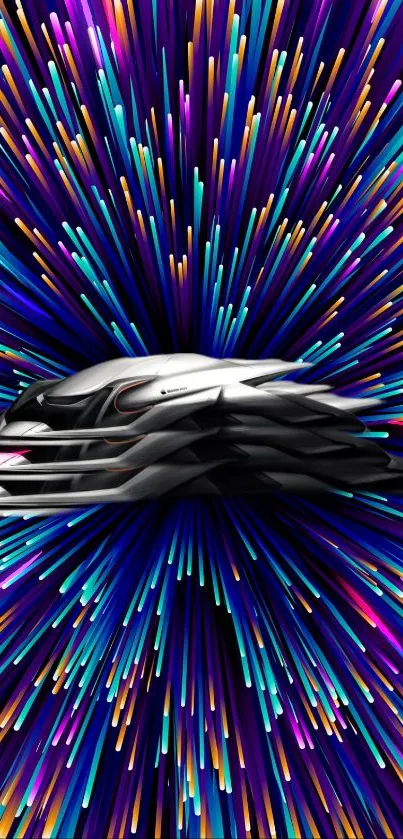 Futuristic phone wallpaper with vibrant light bursts.