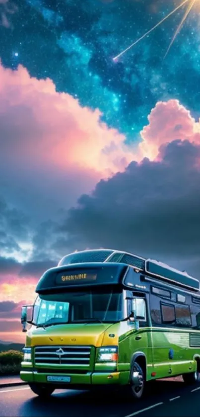 Colorful bus under a vibrant night sky.