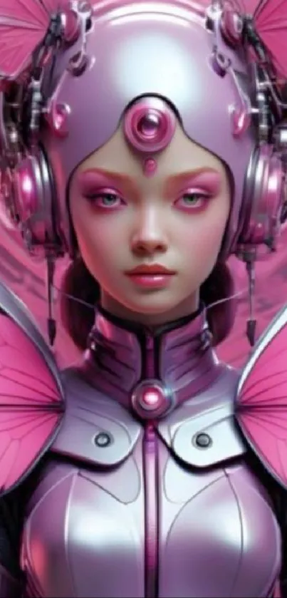 Futuristic android with butterfly wings in pink hues, blending technology and fantasy.