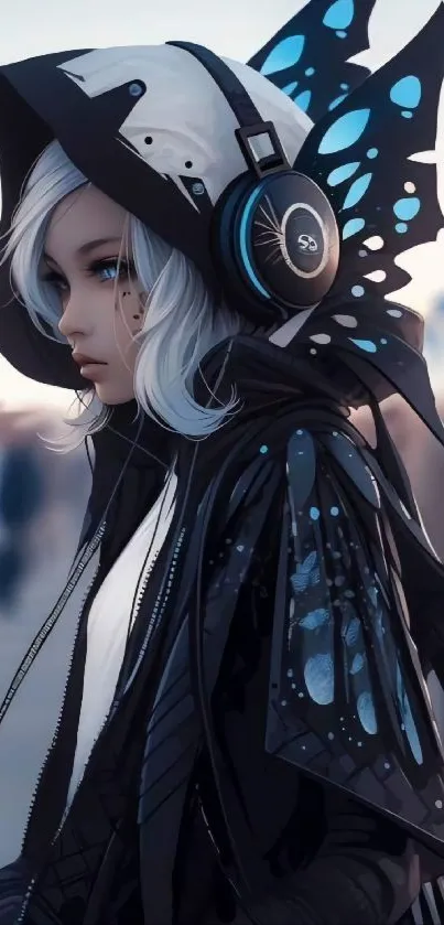 Futuristic character with butterfly wings and headphones in a digital art style.