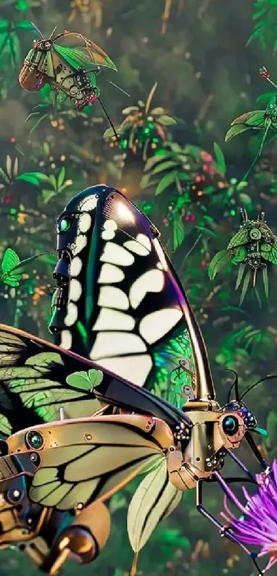 Futuristic butterfly resting on a flower in a digital garden.