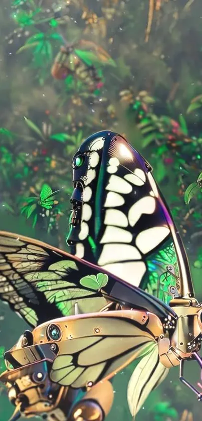 Futuristic robotic butterfly amidst greenery, perfect for a tech-inspired mobile wallpaper.