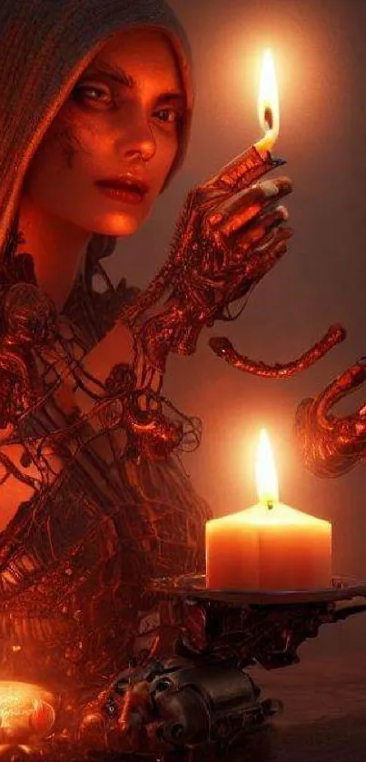 Futuristic woman with candle and robotic arm in dark ambiance.