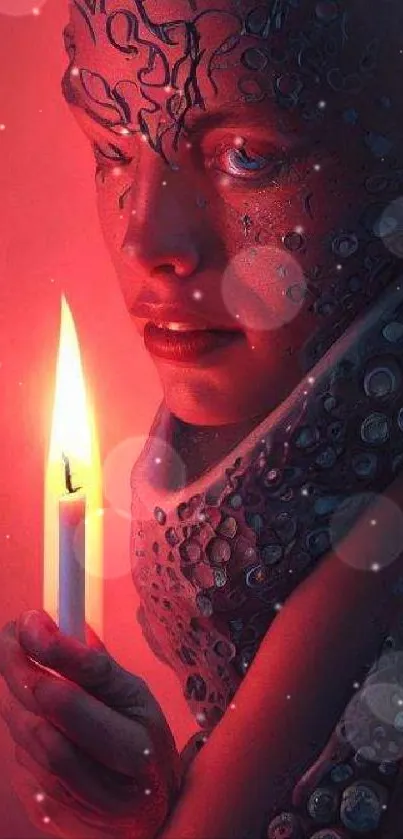 Futuristic portrait in red with candlelight glow.