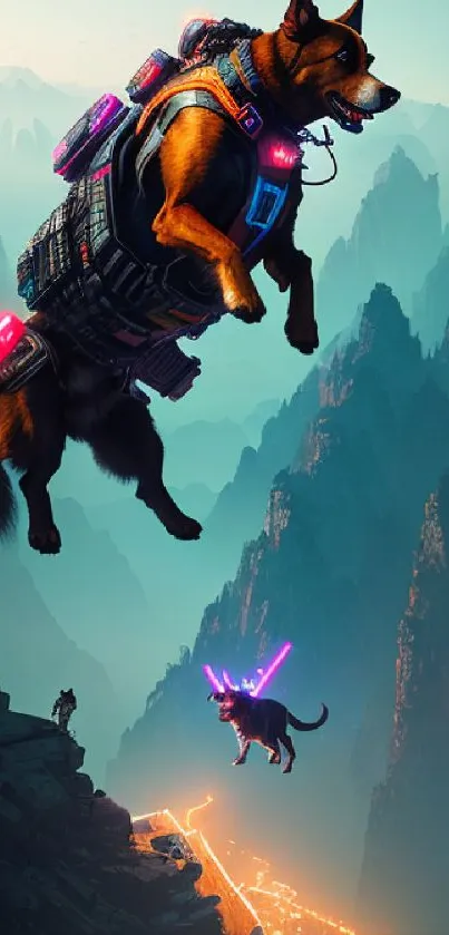 Futuristic dogs with neon lights in a mountainous landscape wallpaper.