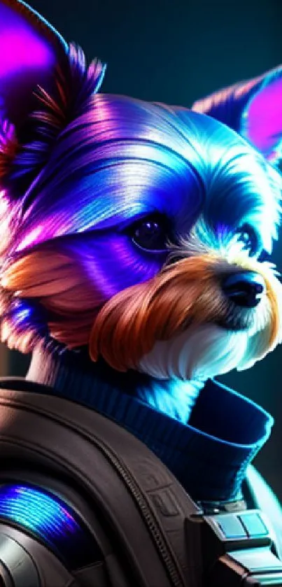 Futuristic dog in space suit with vibrant blue light.