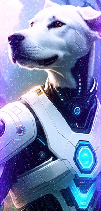 Cybernetic dog in futuristic robotic armor on a vibrant nature background.