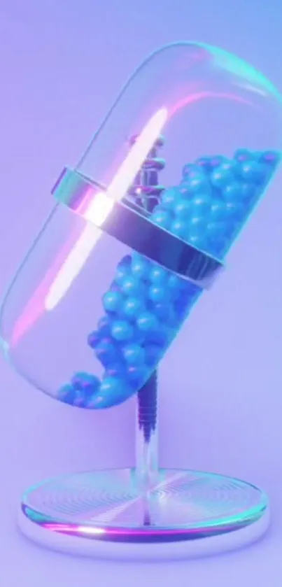 Futuristic capsule with blue spheres on a pastel background.