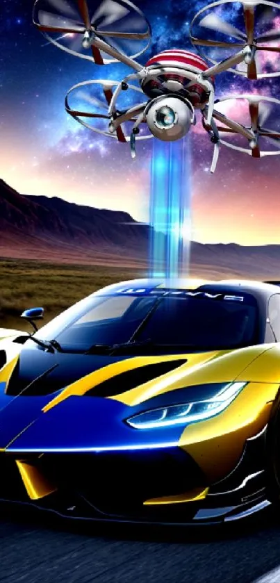 Futuristic sports car with drone under a cosmic sky in vibrant colors.