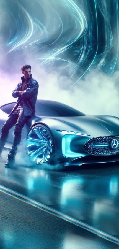 Futuristic silver car with neon lights and a stylish rider in a sci-fi setting.