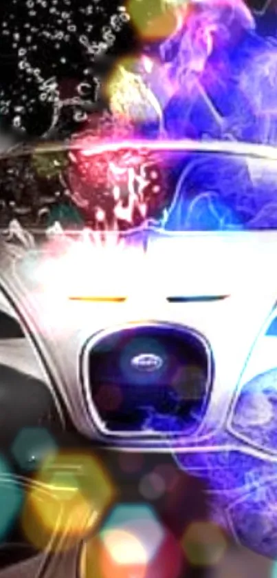 Futuristic car with colorful abstract lights and effects.