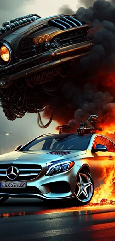 Futuristic car engulfed in flames on a dynamic mobile wallpaper.