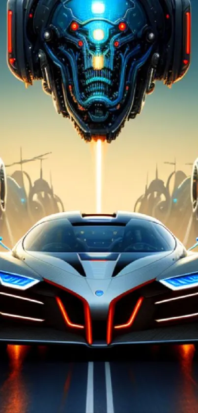 Futuristic car under AI head in sci-fi world.