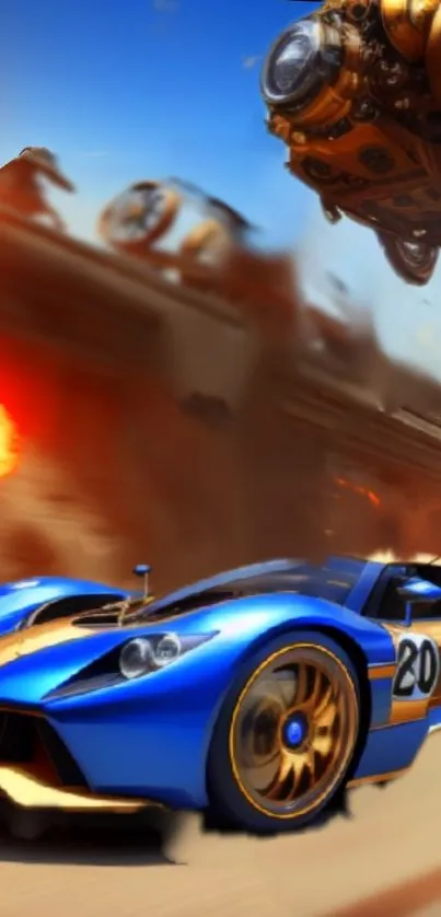 Blue sports car racing with explosive airship in background.