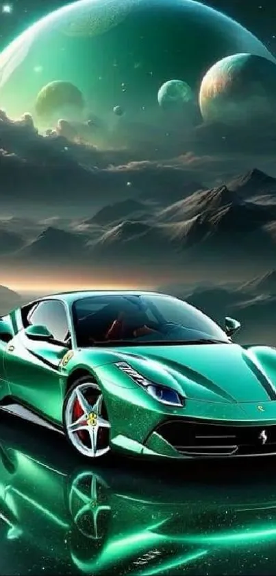 Green sports car with alien planets in the background