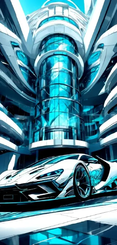 Futuristic car in modern architectural setting.