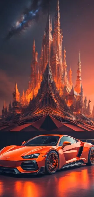 Orange sports car with illuminated fantasy castle backdrop.