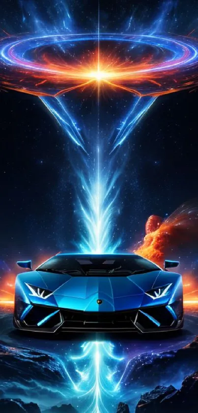 Futuristic car beneath a cosmic vortex, glowing in neon blue hues.