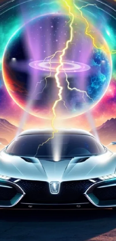 Futuristic car under cosmic lightning with vibrant colors.