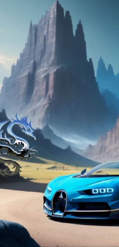 Blue sports car and dragon in a mountainous landscape.