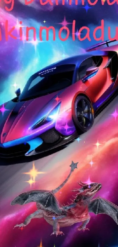 Futuristic car with a dragon in a cosmic neon scene, perfect for wallpaper.